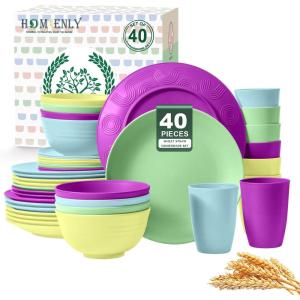 imageHomienly 40Piece Wheat Straw Dinnerware Sets Unbreakable Reusable Dinnerware Set Service for 8 Kitchen Cups Plates and Bowls Set Dishwasher Microwave Safe Dishes Set for Camping Party  MondrianMemphis Series