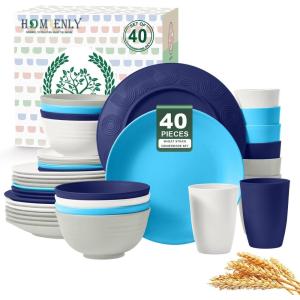 imageHomienly 40Piece Wheat Straw Dinnerware Sets Unbreakable Reusable Dinnerware Set Service for 8 Kitchen Cups Plates and Bowls Set Dishwasher Microwave Safe Dishes Set for Camping Party  MondrianIsland Matte