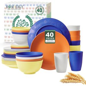imageHomienly 40Piece Wheat Straw Dinnerware Sets Unbreakable Reusable Dinnerware Set Service for 8 Kitchen Cups Plates and Bowls Set Dishwasher Microwave Safe Dishes Set for Camping Party  MondrianMondrian Series