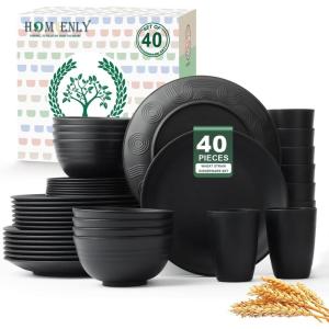 imageHomienly 40Piece Wheat Straw Dinnerware Sets Unbreakable Reusable Dinnerware Set Service for 8 Kitchen Cups Plates and Bowls Set Dishwasher Microwave Safe Dishes Set for Camping Party  MondrianBlack