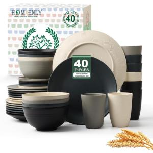 imageHomienly 40Piece Wheat Straw Dinnerware Sets Unbreakable Reusable Dinnerware Set Service for 8 Kitchen Cups Plates and Bowls Set Dishwasher Microwave Safe Dishes Set for Camping Party  MondrianGrey Stone