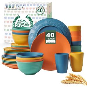 imageHomienly 40Piece Wheat Straw Dinnerware Sets Unbreakable Reusable Dinnerware Set Service for 8 Kitchen Cups Plates and Bowls Set Dishwasher Microwave Safe Dishes Set for Camping Party  MondrianMulticolor