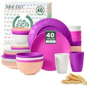 imageHomienly 40Piece Wheat Straw Dinnerware Sets Unbreakable Reusable Dinnerware Set Service for 8 Kitchen Cups Plates and Bowls Set Dishwasher Microwave Safe Dishes Set for Camping Party  MondrianPink Flower