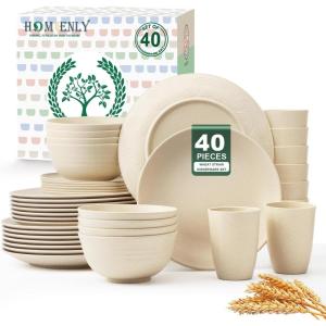 imageHomienly 40Piece Wheat Straw Dinnerware Sets Unbreakable Reusable Dinnerware Set Service for 8 Kitchen Cups Plates and Bowls Set Dishwasher Microwave Safe Dishes Set for Camping Party  MondrianBeige