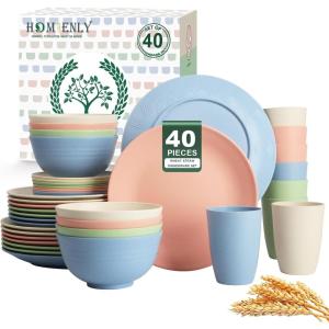 imageHomienly 40Piece Wheat Straw Dinnerware Sets Unbreakable Reusable Dinnerware Set Service for 8 Kitchen Cups Plates and Bowls Set Dishwasher Microwave Safe Dishes Set for Camping Party  MondrianMulti Light