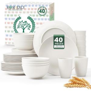imageHomienly 40Piece Wheat Straw Dinnerware Sets Unbreakable Reusable Dinnerware Set Service for 8 Kitchen Cups Plates and Bowls Set Dishwasher Microwave Safe Dishes Set for Camping Party  MondrianWhite