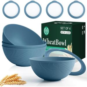 imageHomienly Wheat Straw Bowls with Lids Unbreakable 40 OZ Salad Container for Lunch Dishwasher Safe Cereal Bowl for Kitchen Camping Picnic 8 Piece Plastic Bowl Set includes 4 Bowls and 4 Lids BlackBlue