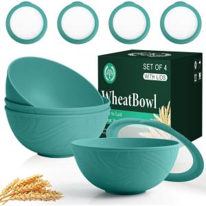 imageHomienly Wheat Straw Bowls with Lids Unbreakable 40 OZ Salad Container for Lunch Dishwasher Safe Cereal Bowl for Kitchen Camping Picnic 8 Piece Plastic Bowl Set includes 4 Bowls and 4 Lids BlackGreen