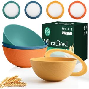 imageHomienly Wheat Straw Bowls with Lids Unbreakable 40 OZ Salad Container for Lunch Dishwasher Safe Cereal Bowl for Kitchen Camping Picnic 8 Piece Plastic Bowl Set includes 4 Bowls and 4 Lids BlackMulticolor