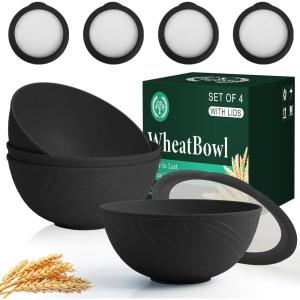 imageHomienly Wheat Straw Bowls with Lids Unbreakable 40 OZ Salad Container for Lunch Dishwasher Safe Cereal Bowl for Kitchen Camping Picnic 8 Piece Plastic Bowl Set includes 4 Bowls and 4 Lids BlackBlack