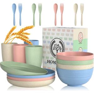 imageHomienly Wheat Straw Dinnerware Sets 20pcs Lightweight Unbreakable Dinnerware Microwave Dishwasher Safe Bowls Cups Forks Spoons setPerfect for Camping Outdoor BeigeMulticolorLight