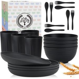 imageHomienly Wheat Straw Dinnerware Sets 20pcs Lightweight Unbreakable Dinnerware Microwave Dishwasher Safe Bowls Cups Forks Spoons setPerfect for Camping Outdoor BeigeMatte Black
