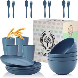 imageHomienly Wheat Straw Dinnerware Sets 20pcs Lightweight Unbreakable Dinnerware Microwave Dishwasher Safe Bowls Cups Forks Spoons setPerfect for Camping Outdoor BeigeBlue