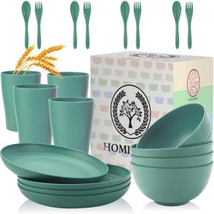 imageHomienly Wheat Straw Dinnerware Sets 20pcs Lightweight Unbreakable Dinnerware Microwave Dishwasher Safe Bowls Cups Forks Spoons setPerfect for Camping Outdoor BeigeGreen