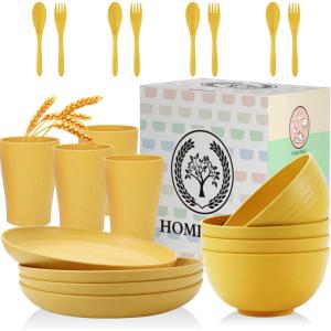 imageHomienly Wheat Straw Dinnerware Sets 20pcs Lightweight Unbreakable Dinnerware Microwave Dishwasher Safe Bowls Cups Forks Spoons setPerfect for Camping Outdoor BeigeYellow