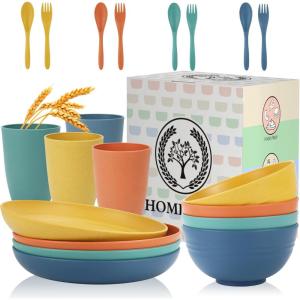 imageHomienly Wheat Straw Dinnerware Sets 20pcs Lightweight Unbreakable Dinnerware Microwave Dishwasher Safe Bowls Cups Forks Spoons setPerfect for Camping Outdoor BeigeMulticolor
