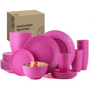imageHomienly Wheat Straw Dinnerware Sets 20pcs Lightweight Unbreakable Dinnerware Microwave Dishwasher Safe Bowls Cups Forks Spoons setPerfect for Camping Outdoor Beige40pcs Pink