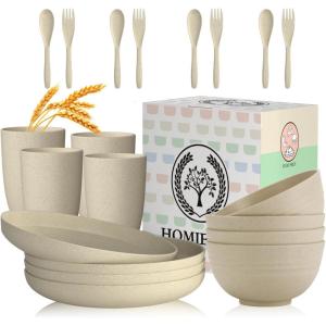 imageHomienly Wheat Straw Dinnerware Sets 20pcs Lightweight Unbreakable Dinnerware Microwave Dishwasher Safe Bowls Cups Forks Spoons setPerfect for Camping Outdoor BeigeBeige