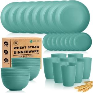 imageHomienly Wheat Straw Plates and Bowls Sets Dishes Set for 8 Wheat Straw Dinnerware Set for Kitchen 32Piece  Deep Plates Sets Cereal Bowls with Drinking Cups Microwave and Dishwasher Safe BlackGreen