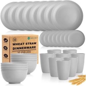 imageHomienly Wheat Straw Plates and Bowls Sets Dishes Set for 8 Wheat Straw Dinnerware Set for Kitchen 32Piece  Deep Plates Sets Cereal Bowls with Drinking Cups Microwave and Dishwasher Safe BlackGray