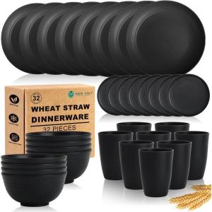 imageHomienly Wheat Straw Plates and Bowls Sets Dishes Set for 8 Wheat Straw Dinnerware Set for Kitchen 32Piece  Deep Plates Sets Cereal Bowls with Drinking Cups Microwave and Dishwasher Safe BlackBlack