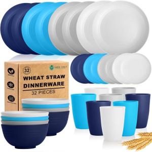 imageHomienly Wheat Straw Plates and Bowls Sets Dishes Set for 8 Wheat Straw Dinnerware Set for Kitchen 32Piece  Deep Plates Sets Cereal Bowls with Drinking Cups Microwave and Dishwasher Safe BlackIsland Series