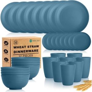 imageHomienly Wheat Straw Plates and Bowls Sets Dishes Set for 8 Wheat Straw Dinnerware Set for Kitchen 32Piece  Deep Plates Sets Cereal Bowls with Drinking Cups Microwave and Dishwasher Safe BlackBlue