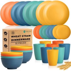 imageHomienly Wheat Straw Plates and Bowls Sets Dishes Set for 8 Wheat Straw Dinnerware Set for Kitchen 32Piece  Deep Plates Sets Cereal Bowls with Drinking Cups Microwave and Dishwasher Safe BlackMulticolor