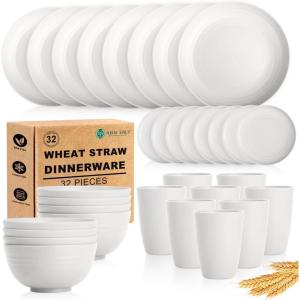 imageHomienly Wheat Straw Plates and Bowls Sets Dishes Set for 8 Wheat Straw Dinnerware Set for Kitchen 32Piece  Deep Plates Sets Cereal Bowls with Drinking Cups Microwave and Dishwasher Safe BlackWhite