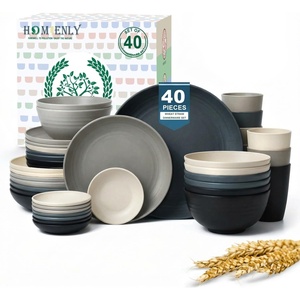 image:imageHomienly Wheat Straw Dinnerware Sets 40 PCS Plates and Bowls Sets with Cup Set and Dipping Bowls Unbreakable Camping Dishes Microwave and Dishwasher Safe Dinnerware Set for Dinner Outdoor BeigeGery Stone