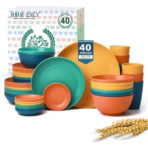 image:imageHomienly Wheat Straw Dinnerware Sets 40 PCS Plates and Bowls Sets with Cup Set and Dipping Bowls Unbreakable Camping Dishes Microwave and Dishwasher Safe Dinnerware Set for Dinner Outdoor BeigeMulticolor