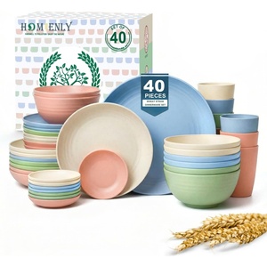 image:imageHomienly Wheat Straw Dinnerware Sets 40 PCS Plates and Bowls Sets with Cup Set and Dipping Bowls Unbreakable Camping Dishes Microwave and Dishwasher Safe Dinnerware Set for Dinner Outdoor BeigeLight Multicolor