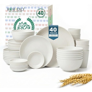 image:imageHomienly Wheat Straw Dinnerware Sets 40 PCS Plates and Bowls Sets with Cup Set and Dipping Bowls Unbreakable Camping Dishes Microwave and Dishwasher Safe Dinnerware Set for Dinner Outdoor BeigeWhite